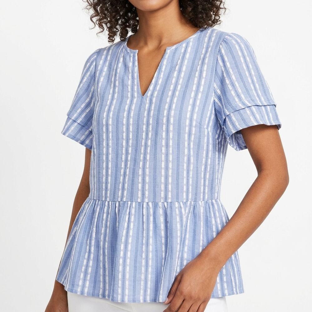 Loft Blue Striped Peplum Top Women Size L